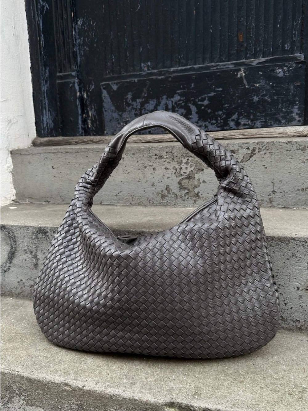 PITAYA Charlotte Woven Vegan Leather Slouchy Shoulder Bag Dark Gray